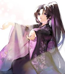 Rule 34 | 1girl, black hair, closed mouth, dotori (seulseul), earrings, floral print, furisode, gem, highres, japanese clothes, jewelry, kimono, long hair, looking at viewer, nail polish, obi, original, outstretched arms, parted bangs, ponytail, purple eyes, purple gemstone, purple hair, purple kimono, purple nails, purple theme, sash, seiza, sitting, solo, sunlight, very long hair, white background