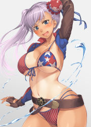 Rule 34 | 1girl, absurdres, american flag bikini, asymmetrical gloves, asymmetrical hair, asymmetrical legwear, belt, belt buckle, bikini, blue eyes, blush, breasts, buckle, bun cover, cleavage, collarbone, fate/grand order, fate (series), fingerless gloves, flag print, gloves, groin, hair bun, highres, large breasts, long hair, looking at viewer, miyamoto musashi (fate), miyamoto musashi (fate/grand order), miyamoto musashi (swimsuit berserker) (fate), miyamoto musashi (swimsuit berserker) (second ascension) (fate), mukunokino isshiki, navel, one-piece tan, open mouth, pink hair, shiny skin, simple background, single hair bun, smile, solo, standing, swept bangs, swimsuit, tan, tanline, uneven gloves, uneven legwear, water