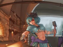 Rule 34 | 1girl, abs, absurdres, alternate costume, blacksmith, blue capelet, blue eyes, blue hair, blue skirt, box, breasts, bucket, capelet, commentary, commission, cowboy shot, embers, english commentary, fire, glowing hot, hair between eyes, hammer, heart, heart-shaped pupils, heterochromia, highres, hippppodraw, holding, holding hammer, indoors, looking down, mask, mask on head, medium bangs, medium breasts, midriff, navel, open mouth, purple sash, purple umbrella, red eyes, sarashi, sash, short hair, signature, skirt, solo, symbol-shaped pupils, tatara kogasa, toned, tongs, touhou, umbrella, welding mask, wooden bucket, wrist wrap