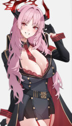 Rule 34 | 1girl, belt, black belt, black gloves, blue archive, blush, bra, breasts, cleavage, demon horns, garter straps, gloves, halo, hand up, highres, horns, lace, lace-trimmed bra, lace trim, large breasts, long hair, looking at viewer, mechanical halo, messy hair, military, military uniform, necktie, pink hair, raitho, red bra, red eyes, red garter straps, red necktie, red wrist cuffs, satsuki (blue archive), school uniform, short necktie, smile, solo, teeth, underwear, uniform, upper body, very long hair, white background, wrist cuffs
