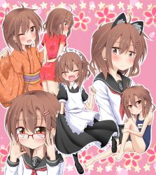 Rule 34 | 10s, 1girl, ahoge, animal ears, bespectacled, blush, brown eyes, brown hair, cat ears, chinese clothes, closed eyes, glasses, hair ornament, hairclip, highres, ikazuchi (kancolle), japanese clothes, kantai collection, kimono, long sleeves, looking back, one eye closed, open mouth, personification, puffy sleeves, school swimsuit, school uniform, serafuku, short hair, short sleeves, skirt, swimsuit, tsunsuki (naobe009), wide sleeves, wink, yukata
