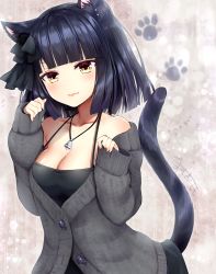 Rule 34 | 1girl, animal ear fluff, animal ears, black bow, black dress, black hair, blunt bangs, bow, breasts, brown eyes, cat ears, cat girl, cat tail, cleavage, closed mouth, collarbone, commentary request, dress, fang, fang out, grey jacket, hair bow, hands up, highres, jacket, jewelry, long sleeves, looking at viewer, medium breasts, omoomomo, open clothes, open jacket, original, pendant, pinching sleeves, signature, sleeveless, sleeveless dress, sleeves past wrists, solo, tail, tail raised