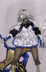 Rule 34 | 1girl, ahoge, azur lane, boots, brown pantyhose, colored skin, gauntlets, grey hair, highres, holding, holding weapon, huge weapon, kdm (ke dama), long hair, long sleeves, miniskirt, pantyhose, parted lips, profile, red eyes, saint-louis (azur lane), skirt, solo, standing, vest, weapon, white skin, white vest