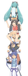 Rule 34 | 3boys, 3girls, akinbo (hyouka fuyou), between thighs, brother and sister, carrying, hand fan, hatsune miku, highres, human tower, japanese clothes, kagamine len, kagamine rin, kaito (vocaloid), kamui gakupo, long image, meiko (vocaloid), multiple boys, multiple girls, panties, piggyback, shoulder carry, siblings, socks, stacking, striped clothes, striped panties, sword, tall image, thighs, twins, twintails, underwear, vocaloid, weapon, yuri