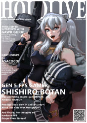 Rule 34 | 1girl, adidas, animal ears, artist name, assault rifle, ballistic face mask, ballistic face shield, ballistic helmet, bare shoulders, belt, belt buckle, black jacket, black pants, breasts, buckle, cleavage, commentary, cosplay, cover, crossover, dated, drum magazine, english commentary, english text, escape from tarkov, fake magazine cover, fangs, fur-trimmed jacket, fur trim, grey eyes, gun, hair between eyes, highres, hololive, jacket, jewelry, killa (escape from tarkov), killa (escape from tarkov) (cosplay), killa helmet, large breasts, light machine gun, lion ears, lion girl, long hair, looking at viewer, machine gun, magazine (weapon), magazine cover, navel, necklace, never gonna give you up, open mouth, pants, profanity, qr code, rifle, rpk, rpk-16, see-through, see-through cleavage, shirt, shishiro botan, shishiro botan (1st costume), silver hair, solo, ssgt-lulz, trigger discipline, virtual youtuber, weapon, zipper
