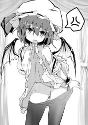 Rule 34 | 1girl, anger vein, bat wings, breasts, clothes lift, clothes pull, commentary request, contrapposto, greyscale, hair between eyes, hat, hat ribbon, lifting own clothes, looking at viewer, mob cap, monochrome, mouth hold, nipples, noa (nagareboshi), off shoulder, panties, panty pull, pantyhose, pantyhose pull, pulling own clothes, remilia scarlet, ribbon, skirt, skirt lift, small breasts, solo, spoken anger vein, standing, touhou, underwear, wings, wrist cuffs