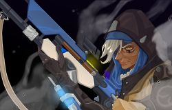 Rule 34 | 1girl, ana (overwatch), beret, black gloves, blizzard (company), braid, dark-skinned female, dark skin, eyepatch, facial mark, facial tattoo, gloves, gun, hat, headband, hijab, holding, holding gun, holding weapon, hood, hose, lips, long hair, nose, old, old woman, overwatch, overwatch 1, rifle, scope, snapagi, sniper rifle, solo, syringe, tattoo, upper body, weapon, white hair, yellow eyes