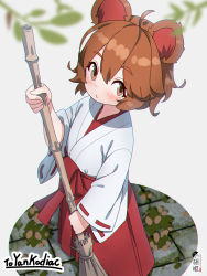 Rule 34 | 1girl, ahoge, animal ears, bamboo broom, blush, broom, brown eyes, brown hair, closed mouth, commentary, commission, hair between eyes, hakama, hakama skirt, highres, holding, holding broom, japanese clothes, kimono, kuro kosyou, looking at viewer, miko, original, red hakama, short hair, skeb commission, skirt, solo, standing, thick eyebrows, white kimono