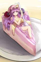 Rule 34 | 1girl, blue bow, bow, cake, cake slice, crescent, crescent hat ornament, food, hair bow, hat, hat ornament, highres, holding, holding spoon, long hair, looking at viewer, mob cap, namiki (remiter00), open mouth, patchouli knowledge, purple eyes, purple hair, red bow, ribbon, solo, spoon, sweets, touhou, very long hair