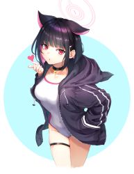 Rule 34 | 1girl, absurdres, animal ears, black hair, black jacket, blowing kiss, blue archive, breasts, casual one-piece swimsuit, cat ears, choker, collarbone, colored inner hair, covered navel, cropped legs, groin, hair ornament, hairclip, halo, hand in pocket, hand up, heart, highres, hood, hood down, hooded jacket, jacket, kazusa (blue archive), long sleeves, looking at viewer, m.tokotsu, medium breasts, multicolored hair, one-piece swimsuit, open clothes, open jacket, red eyes, short hair, sidelocks, solo, swimsuit, swimsuit under clothes, thigh strap, white one-piece swimsuit