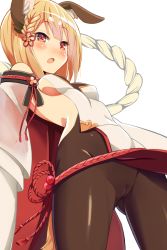Rule 34 | 1girl, 9law, animal ears, bad id, bad pixiv id, bare shoulders, black pantyhose, blonde hair, blush, braid, breasts, cameltoe, cleft of venus, covered erect nipples, detached sleeves, dog ears, dog tail, erune, fang, gluteal fold, granblue fantasy, japanese clothes, long sleeves, looking to the side, no panties, open mouth, pantyhose, pelvic curtain, rope, shimenawa, short hair, sideboob, simple background, small breasts, smile, solo, tail, vajra (granblue fantasy), white background, wide sleeves