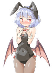 Rule 34 | 1girl, alternate costume, animal ears, arnest, bat wings, black leotard, black pantyhose, blue hair, blush, bow, bowtie, breasts, commentary, covered navel, cowboy shot, detached collar, fake animal ears, fake tail, fingers together, frown, highres, leotard, looking at viewer, low wings, pantyhose, parted lips, playboy bunny, purple wings, rabbit ears, rabbit tail, red bow, red bowtie, red eyes, remilia scarlet, short hair, simple background, small breasts, solo, standing, strapless, strapless leotard, tail, thigh gap, touhou, white background, wing collar, wings, wrist cuffs
