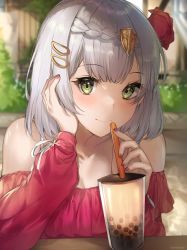 Rule 34 | 1girl, absurdres, artist name, blurry, blurry background, blush, braid, cup, dress, drinking straw, eyes visible through hair, flower, genshin impact, green eyes, hair flower, hair ornament, hairpin, hand on own face, highres, holding, holding drinking straw, kanniiepan, long sleeves, looking at viewer, medium hair, nail polish, noelle (genshin impact), off-shoulder dress, off shoulder, red dress, red flower, silver hair, smile, solo, upper body