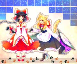 Rule 34 | 2girls, animal collar, animal ears, apron, ascot, black footwear, black gloves, black hair, black skirt, blonde hair, blush, boots, bow, braid, cat ears, cat tail, chain, collar, cross-laced footwear, detached sleeves, dress, eye contact, gloves, hair bow, hair tubes, hakurei reimu, hat, hat bow, unworn hat, unworn headwear, holding, holding clothes, holding hat, kirisame marisa, long hair, long sleeves, looking at another, multiple girls, muzuki uruu, open mouth, own hands together, paw print, purple bow, red bow, red eyes, red scarf, ribbon, scarf, short hair, side braid, sidelocks, skirt, standing, tail, tail ornament, tail ribbon, touhou, vest, waist apron, white bow, witch hat, yellow eyes