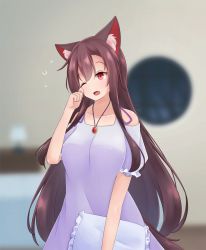 Rule 34 | 1girl, animal ear fluff, animal ears, bare shoulders, breasts, brown hair, collarbone, dress, fangs, frilled sleeves, frills, hair between eyes, hashi2387, highres, imaizumi kagerou, jewelry, long hair, looking at viewer, medium breasts, one eye closed, open mouth, pendant, pillow, rubbing eyes, tail, touhou, very long hair, waking up, white dress, wolf ears, wolf tail