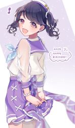 Rule 34 | black hair, character name, commentary request, dated, fangs, fukumaru koito, happy birthday, hat, highres, idolmaster, idolmaster poplinks, idolmaster shiny colors, ki nu uu, looking at viewer, looking back, miniskirt, open mouth, pleated skirt, purple eyes, purple sailor collar, purple skirt, sailor collar, sailor hat, see-through, see-through sleeves, shirt, skin fangs, skirt, twintails, white shirt