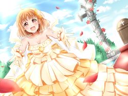 Rule 34 | 1girl, ahoge, bare shoulders, blue sky, blush, bracelet, breasts, bridal veil, cleavage, cloud, cross, dress, flower, gloves, hair flower, hair ornament, highres, jewelry, kamesys, light rays, looking at viewer, love live!, love live! sunshine!!, medium breasts, necklace, open mouth, orange dress, orange gloves, orange hair, outstretched arms, petals, red carpet, red eyes, rose petals, short hair, sky, smile, solo, sunlight, takami chika, tears, veil, wedding, wedding dress