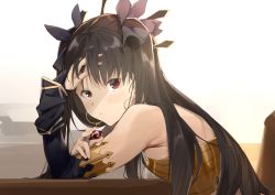 Rule 34 | 1girl, armlet, black hair, blush, breasts, bridal gauntlets, closed mouth, earrings, fate/grand order, fate (series), gem, highres, hoop earrings, infinity symbol, ishtar (fate), jewelry, long hair, looking at viewer, medium breasts, neck ring, parted bangs, red eyes, single sleeve, sitting, solo, table, two side up, uno ryoku