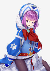 Rule 34 | 1girl, bare shoulders, black pantyhose, bow, commentary request, fate/grand order, fate (series), fingerless gloves, gloves, hank10111213, helena blavatsky (christmas) (fate), helena blavatsky (fate), looking at viewer, pantyhose, purple eyes, purple hair, red bow, short hair, simple background, sitting, smile, solo, white background
