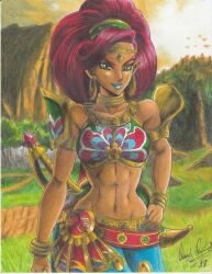 Rule 34 | 1girl, 2019, abs, blue lips, collar, collarbone, field, green eyes, hand on own hip, highres, jewelry, navel, nintendo, ornament, outdoors, ravernclouk design, red hair, shield, sword, the legend of zelda, the legend of zelda: breath of the wild, traditional media, urbosa, weapon