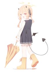 Rule 34 | 1girl, absurdres, aimpoleume, black dress, black horns, black tail, black wings, blonde hair, bloomers, blue archive, blush, boots, demon horns, demon tail, demon wings, dress, fang, full body, halo, highres, holding, holding umbrella, horns, ibuki (blue archive), long hair, long sleeves, open mouth, pointy ears, shirt, side ponytail, simple background, smile, solo, tail, umbrella, underwear, white background, white bloomers, white shirt, wings, yellow eyes, yellow footwear, yellow halo