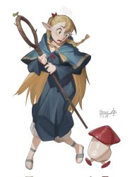 Rule 34 | 1girl, ambrosia (dungeon meshi), artist name, blonde hair, blue capelet, blue robe, braid, capelet, dungeon meshi, elf, green eyes, highres, holding, holding staff, long hair, looking at another, marcille donato, open mouth, pointy ears, robe, sandals, simple background, staff, toeless footwear, twin braids, walking mushroom (dungeon meshi), white background, yuubi yuutsu