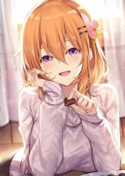 Rule 34 | 1girl, :d, aged up, alternate breast size, breast rest, breasts, candy, chocolate, chocolate heart, curtains, elbow rest, flower, food, gochuumon wa usagi desu ka?, hair between eyes, hair flower, hair ornament, hairclip, head rest, heart, highres, holding, holding food, hoto cocoa, indoors, ks (xephyrks), large breasts, long sleeves, looking at viewer, open mouth, orange hair, purple eyes, religious offering, sleeves past wrists, smile, solo, sweater, table