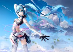 Rule 34 | 1girl, ajigo, aqua eyes, aqua hair, backless outfit, bare shoulders, breasts, clothes writing, cloud, elbow gloves, eyelashes, gloves, goodsmile racing, hatsune miku, headphones, falling leaves, long hair, looking back, race queen, racing miku, racing miku (2014), short shorts, shorts, sky, solo, standing, text focus, thighhighs, twintails, very long hair, vocaloid, wire