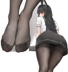 1girl alternate_costume animal_ear_fluff animal_ears black_hair black_pantyhose black_skirt blush braid commentary_request crown_braid feet fine_fabric_emphasis fox_ears fox_girl hoshimi_miyabi long_hair multiple_views pantyhose pleated_skirt red_eyes school_uniform serafuku shirt short_sleeves skirt thighband_pantyhose wd_(1106592840) white_shirt zenless_zone_zero