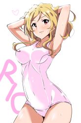 Rule 34 | 10s, 1girl, alternate color school swimsuit, arched back, armpits, arms behind head, arms up, blonde hair, blush, breasts, brown eyes, character name, covered navel, cowboy shot, heart, idolmaster, idolmaster million live!, long hair, medium breasts, momose rio, one-piece swimsuit, school swimsuit, simple background, smile, solo, swimsuit, white one-piece swimsuit, white school swimsuit, yumekaranigeruna