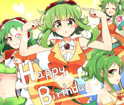 Rule 34 | 4girls, absurdres, belt, blush, breasts, brooch, closed eyes, collar, commentary, cowboy shot, crop top, detached collar, elbow gloves, frilled skirt, frills, gloves, goggles, goggles on head, green eyes, green hair, green skirt, green tube top, grin, gumi, gumi (v3 megpoid), gumi (v4 megpoid), hands up, happy birthday, highres, jacket, jewelry, looking at viewer, midriff, multiple girls, multiple persona, navel, open mouth, orange jacket, orange shirt, orange skirt, pachio (patioglass), pointing, pointing at self, red goggles, shirt, short hair with long locks, short sleeves, sidelocks, skirt, sleeveless, sleeveless shirt, smile, strapless, suspender skirt, suspenders, tube top, underboob, vocaloid, white collar, yellow gloves, yellow skirt