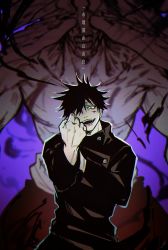 Rule 34 | 1boy, :d, absurdres, aura, bad id, bad twitter id, blue eyes, clenched hand, cuts, fushiguro megumi, gakuran, greyscale, hair between eyes, hair over one eye, hand up, high collar, highres, injury, jacket, jujutsu kaisen, long sleeves, looking at viewer, male focus, monochrome, monster, open mouth, purple background, school uniform, shibuki kamone, short hair, smile, solo, spiked hair, spot color, standing, teeth, translation request, upper body