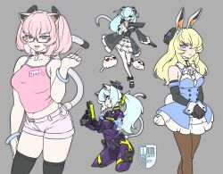 Rule 34 | 4girls, @ @, animal ears, armlet, ascot, black coat, black corset, black gloves, black thighhighs, blonde hair, blue coat, blue corset, blue eyes, blue hair, bodysuit, bracelet, breasts, camisole, cat, cat ears, cat girl, cat tail, cigarette, coat, cocking gun, contrapposto, corset, creature, crop top, cropped legs, dress, elbow gloves, floating headgear, frilled dress, frills, frown, glasses, gloves, grey background, gun, hair over one eye, half-closed eyes, hand on own thigh, hand up, handgun, head tilt, headgear, holding, holding cigarette, holding gun, holding sword, holding weapon, jewelry, large breasts, long hair, long sleeves, looking at viewer, magari (c0rn3r), mass production nora cat, mechanical ears, mechanical tail, medium breasts, midriff, multicolored hair, multiple girls, navel, nora cat channel, one eye covered, open mouth, pantyhose, pink camisole, pink hair, pink shorts, pointing weapon, ponytail, purple bodysuit, rabbit ears, rabbit girl, rabbit tail, shirt, short shorts, shorts, simple background, skindentation, sleeve cuffs, sleeveless, sleeveless coat, sleeveless dress, sleeveless shirt, standing, standing on one leg, streaked hair, sword, tail, thighhighs, thighs, two side up, underbust, v arms, weapon, white ascot, white dress, white pantyhose