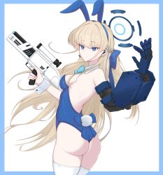 Rule 34 | 1girl, absurdres, animal ears, ass, assault rifle, backless leotard, blonde hair, blue archive, blue border, blue bow, blue eyes, blue hairband, blue leotard, border, bow, bowtie, breasts, bullpup, caseless firearm, detached collar, earpiece, fake animal ears, fake tail, floating hair, gun, h&amp;k g11, hairband, halo, hasarang, highres, holding, holding gun, holding weapon, leotard, long hair, mechanical arms, medium breasts, microphone, official alternate costume, official alternate hairstyle, playboy bunny, prototype design, rabbit ears, rabbit tail, rifle, scope, single mechanical arm, tail, thighhighs, toki (blue archive), toki (bunny) (blue archive), very long hair, weapon, white thighhighs