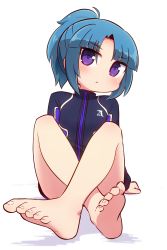 Rule 34 | 1girl, :&lt;, alice gear aegis, bare legs, barefoot, black jacket, blue hair, blush, closed mouth, commentary request, crossed legs, feet, full body, high ponytail, highres, jacket, legs, long sleeves, naga u, parted bangs, ponytail, purple eyes, shadow, short hair, sitting, sleeves past wrists, soles, solo, takanashi rei, white background