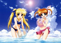 Rule 34 | 10s, 2girls, :d, absurdres, ball, bare shoulders, beachball, bikini, blonde hair, blue eyes, blue sky, blush, brown hair, cloud, day, fate testarossa, highres, lens flare, long hair, long image, looking at viewer, lyrical nanoha, mahou shoujo lyrical nanoha, mahou shoujo lyrical nanoha the movie 1st, multiple girls, navel, ocean, official art, official wallpaper, okuda yasuhiro, open mouth, outdoors, purple eyes, red eyes, sarong, short twintails, sky, smile, striped bikini, striped clothes, swimsuit, takamachi nanoha, twintails, very long hair, wading, wallpaper, water, wide image