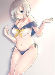 Rule 34 | 1girl, adapted costume, bikini, bikini bottom only, blue bikini, blue eyes, blue sailor collar, breasts, cleavage, cowboy shot, gradient background, grey background, hair ornament, hair over one eye, hairclip, hamakaze (kancolle), highres, kantai collection, looking at viewer, medium breasts, mismatched bikini, neckerchief, sailor bikini, sailor collar, short hair, side-tie bikini bottom, silver hair, solo, swimsuit, u yuz xx, white background, yellow neckerchief