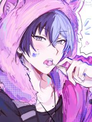 Rule 34 | 1boy, adair (juicelooped), animal hood, aoyagi touya, artist name, awakening beat (project sekai), beat eater (vocaloid), blue hair, blush, candy, commentary, dark blue hair, food, hair between eyes, heart, highres, hood, hood up, jewelry, lollipop, looking at viewer, male focus, mole, mole under eye, multicolored hair, necklace, official alternate costume, open mouth, project sekai, solo, split-color hair, sticker on face, symbol-only commentary, teeth, two-tone hair, white background