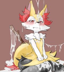 Rule 34 | 1girl, animal ears, artist request, blush, braixen, bukkake, creatures (company), cum, cum on body, cum on lower body, cum on upper body, excessive cum, facial, fang, female focus, fox ears, fox tail, furry, furry female, game freak, gen 6 pokemon, half-closed eyes, knees together feet apart, looking up, maroon background, navel, nintendo, own hands together, pokemon, pokemon (creature), pokemon xy, red eyes, simple background, sitting, solo, stick, tail, teeth, v arms, wariza, wavy mouth