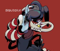 Rule 34 | 1girl, 770mk, blue hair, character name, detached collar, detached sleeves, dress, hair over one eye, head tilt, leviathan (skullgirls), looking at viewer, looking back, ponytail, side ponytail, skullgirls, smile, solo, squigly (skullgirls), stitched mouth, stitches, striped sleeves