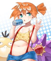 Rule 34 | 1girl, akai ikuto, asymmetrical hair, bare arms, bare shoulders, belly, blush, breasts, cowboy shot, creatures (company), denim, denim shorts, drink, drinking, game freak, gen 1 pokemon, green eyes, gym leader, looking at viewer, misty (pokemon), nintendo, orange hair, pokemon, pokemon (anime), pokemon (classic anime), pokemon (creature), ponytail, psyduck, revision, shirt, short hair, short shorts, shorts, side ponytail, simple background, small breasts, solo, starmie, suspenders, suspenders pull, wet