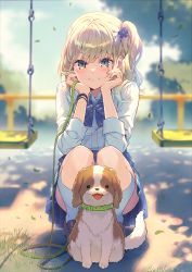 Rule 34 | 1girl, blonde hair, blue neckwear, blue skirt, blurry, blurry background, blush, bow, bowtie, bracelet, brown footwear, collar, collared shirt, commentary request, cover, cover page, dog, jewelry, kneehighs, leash, long hair, long sleeves, looking at viewer, novel cover, novel illustration, official art, one side up, original, outdoors, reia, shirt, skirt, sleeves rolled up, smile, socks, squatting, swing, textless version, white shirt, white socks