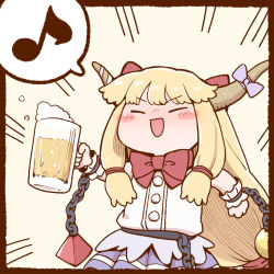 Rule 34 | 1girl, beer mug, blonde hair, blush, bow, bowtie, chain, chibi, closed eyes, commentary request, cuffs, cup, eighth note, hair bow, holding, holding cup, horn bow, horn ornament, horns, ibuki suika, long hair, mug, musical note, open mouth, orb, poronegi, purple bow, purple skirt, pyramid (geometry), red bow, red bowtie, shackles, shirt, skirt, smile, solo, spoken musical note, touhou, white shirt, wrist cuffs