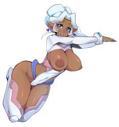 Rule 34 | 1girl, bad id, bad tumblr id, blue eyes, breasts, breasts out, dark-skinned female, dark skin, full body, highleg, highres, hyakujuu-ou golion, large areolae, large breasts, long hair, looking at viewer, nipples, pointy ears, princess allura, puffy nipples, simple background, slugbox, smile, solo, tan, thighhighs, thighs, voltron: legendary defender, voltron (series), white background, white hair, white thighhighs, wide hips