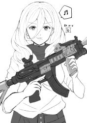Rule 34 | 1girl, artist logo, commentary request, dated, greyscale, gun, hair between eyes, high-waist pants, highres, kantai collection, ld (luna dial398), long hair, looking at viewer, mole, mole under eye, mole under mouth, monochrome, official alternate costume, one-hour drawing challenge, pants, richelieu (kancolle), shirt, simple background, smile, solo, submachine gun, weapon, weapon request, white shirt