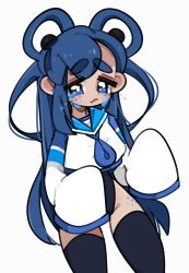 Rule 34 | 1girl, black one-piece swimsuit, black thighhighs, blue eyes, blue hair, blue necktie, blue sailor collar, chey, closed mouth, crying, crying with eyes open, hair rings, highres, long hair, long sleeves, looking at viewer, necktie, one-piece swimsuit, original, raine (chey), sailor collar, school uniform, serafuku, shirt, simple background, sleeves past fingers, sleeves past wrists, solo, swimsuit, swimsuit under clothes, tears, thick eyebrows, thighhighs, very long hair, white background, white shirt