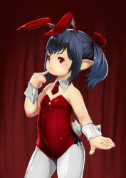 Rule 34 | 10s, 1girl, animal ears, bare shoulders, black hair, blush, detached collar, fake animal ears, final fantasy, final fantasy xiv, hair ribbon, lalafell, leotard, looking at viewer, muuten, pantyhose, playboy bunny, pointy ears, ponytail, rabbit ears, rabbit tail, red eyes, ribbon, short hair, smile, solo, square enix, tail, warrior of light (ff14), white pantyhose, wrist cuffs