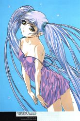 Rule 34 | 1990s (style), 1girl, aqua background, artist name, blue background, blue hair, breasts, cleavage, copyright name, gotou keiji, highres, hoshino ruri, kidou senkan nadesico, light blue hair, long hair, looking at viewer, official art, parted lips, retro artstyle, simple background, small breasts, solo, strap slip, twintails, very long hair, water drop, yellow eyes