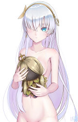 Rule 34 | 1girl, anastasia (fate), bad id, bad pixiv id, blue eyes, breasts, collarbone, fate/grand order, fate (series), groin, hair over one eye, hairband, highres, holding head, long hair, navel, nude, silver hair, simple background, small breasts, solo, standing, sunday se7en, very long hair, white background, yellow hairband