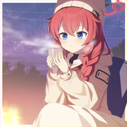 Rule 34 | 1girl, blue archive, blue eyes, blush, braid, closed mouth, commentary request, eko, halo, hat, highres, jacket, long hair, long sleeves, maki (blue archive), maki (camp) (blue archive), official alternate costume, puffy long sleeves, puffy sleeves, red hair, red halo, side braid, single braid, sitting, solo, white hat, white jacket